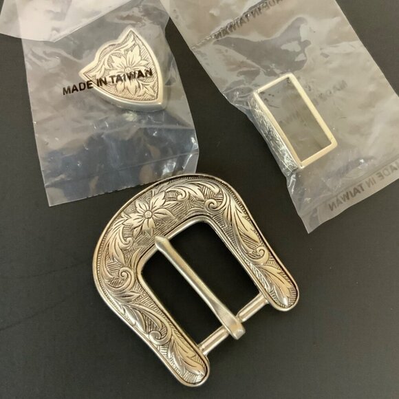 Vintage Tandy Leather 1in Western 3Pc Belt Buckle Set Floral Antique Silverplate - Picture 1 of 3
